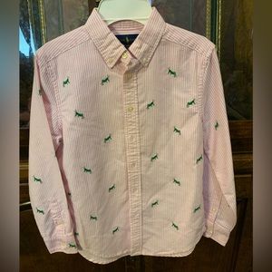 Ralph Lauren pink and white pinstripe button down shirt with grasshoppers